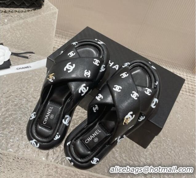 Good Product Chanel CC Printed Calfskin Slide Sandals with Cross Strap Black 527040