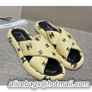 Top Design Chanel CC Printed Calfskin Slide Sandals with Cross Strap Yellow 527041