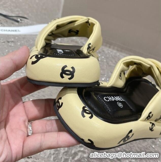 Top Design Chanel CC Printed Calfskin Slide Sandals with Cross Strap Yellow 527041