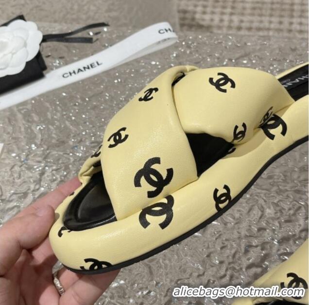 Top Design Chanel CC Printed Calfskin Slide Sandals with Cross Strap Yellow 527041