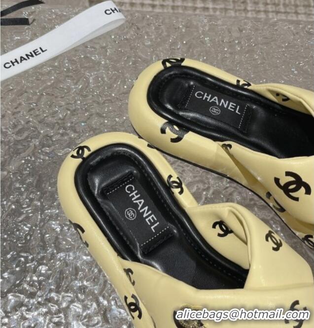 Top Design Chanel CC Printed Calfskin Slide Sandals with Cross Strap Yellow 527041