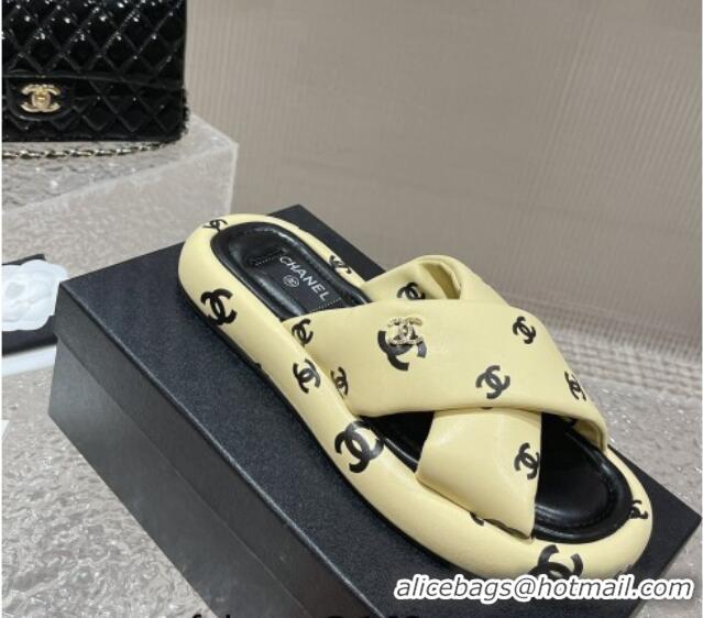 Top Design Chanel CC Printed Calfskin Slide Sandals with Cross Strap Yellow 527041