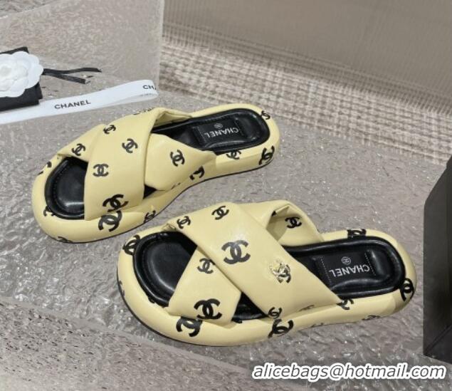 Top Design Chanel CC Printed Calfskin Slide Sandals with Cross Strap Yellow 527041