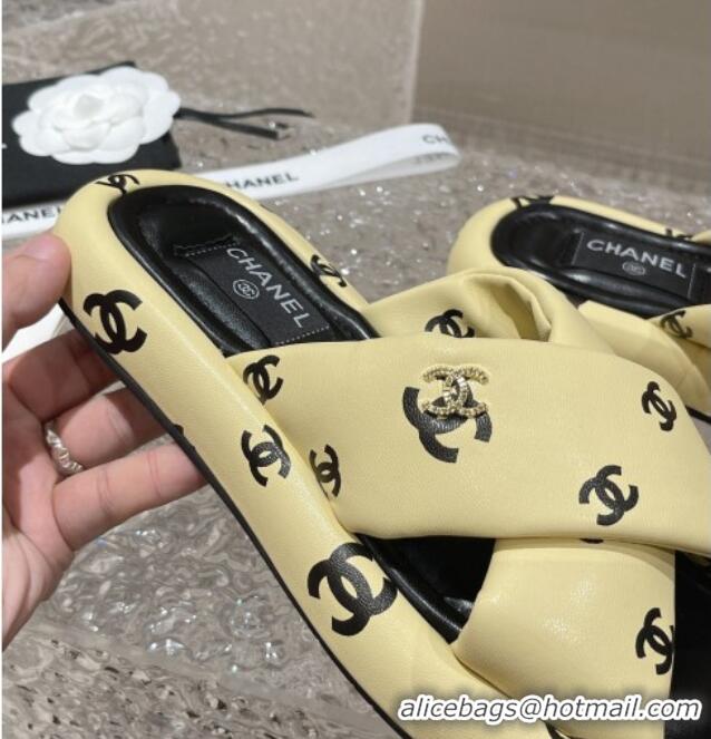 Top Design Chanel CC Printed Calfskin Slide Sandals with Cross Strap Yellow 527041