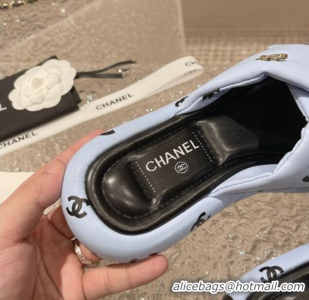 Good Looking Chanel CC Printed Calfskin Slide Sandals with Cross Strap Blue 527042