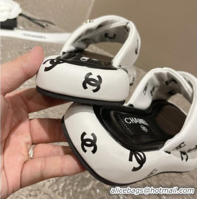 Stylish Chanel CC Printed Calfskin Slide Sandals with Cross Strap White 527043