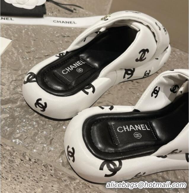 Stylish Chanel CC Printed Calfskin Slide Sandals with Cross Strap White 527043