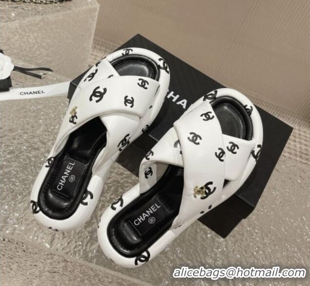 Stylish Chanel CC Printed Calfskin Slide Sandals with Cross Strap White 527043