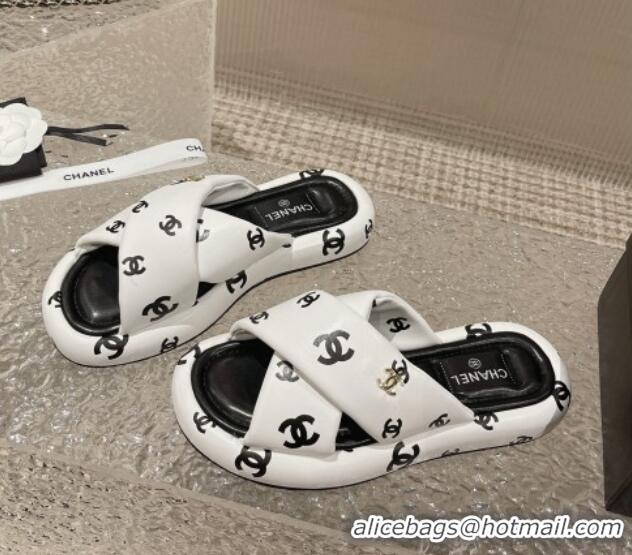 Stylish Chanel CC Printed Calfskin Slide Sandals with Cross Strap White 527043