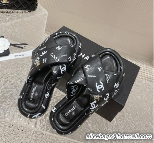 Sophisticated Chanel Logo Printed Calfskin Slide Sandals with Cross Strap Black 527044