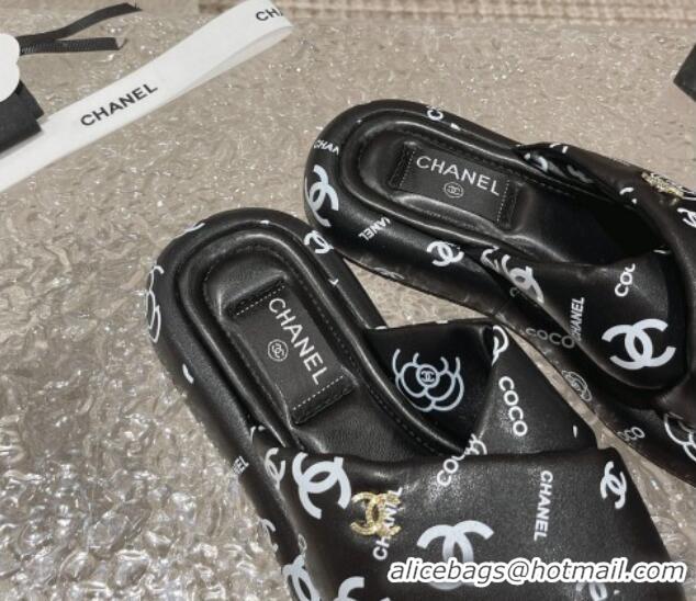 Sophisticated Chanel Logo Printed Calfskin Slide Sandals with Cross Strap Black 527044