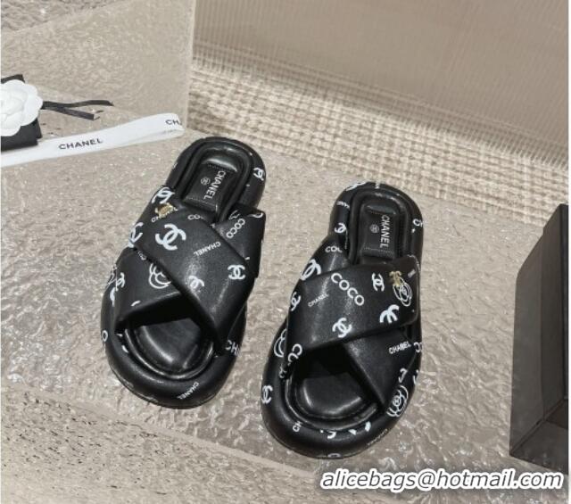 Sophisticated Chanel Logo Printed Calfskin Slide Sandals with Cross Strap Black 527044