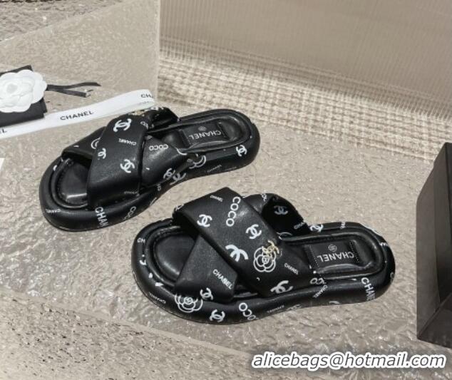 Sophisticated Chanel Logo Printed Calfskin Slide Sandals with Cross Strap Black 527044