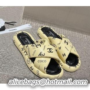 Best Price Chanel Logo Printed Calfskin Slide Sandals with Cross Strap Yellow 527045