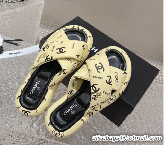 Best Price Chanel Logo Printed Calfskin Slide Sandals with Cross Strap Yellow 527045