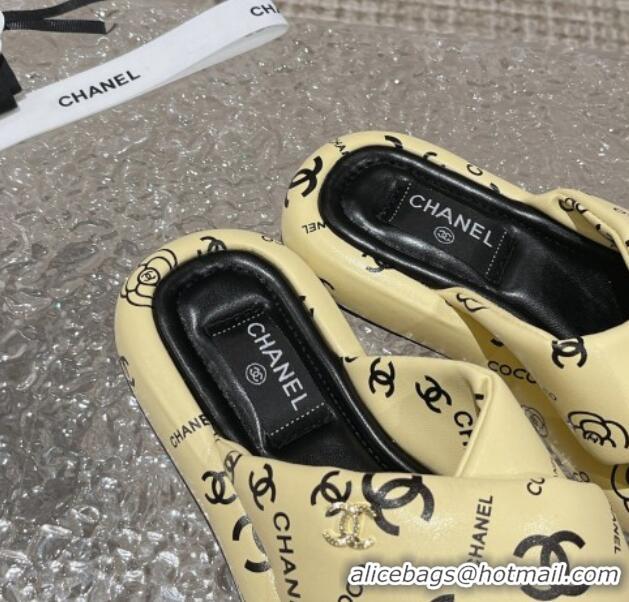 Best Price Chanel Logo Printed Calfskin Slide Sandals with Cross Strap Yellow 527045