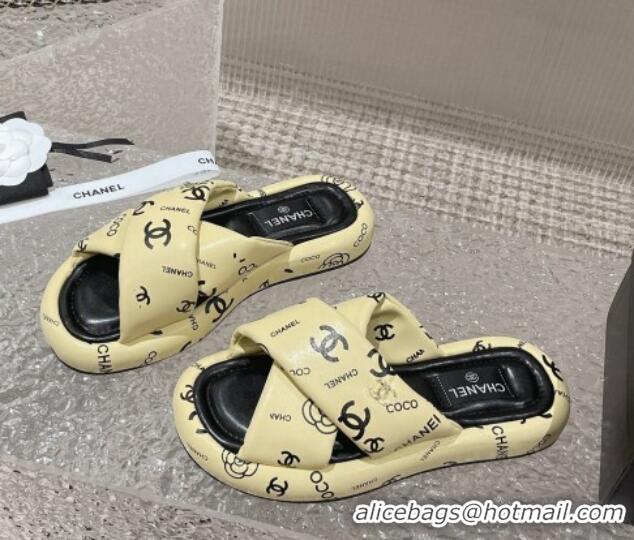 Best Price Chanel Logo Printed Calfskin Slide Sandals with Cross Strap Yellow 527045