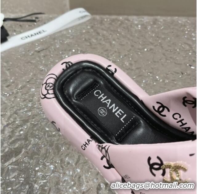 Good Quality Chanel Logo Printed Calfskin Slide Sandals with Cross Strap Pink 527046