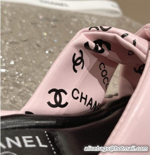 Good Quality Chanel Logo Printed Calfskin Slide Sandals with Cross Strap Pink 527046