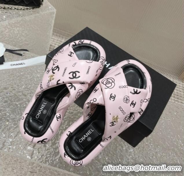 Good Quality Chanel Logo Printed Calfskin Slide Sandals with Cross Strap Pink 527046