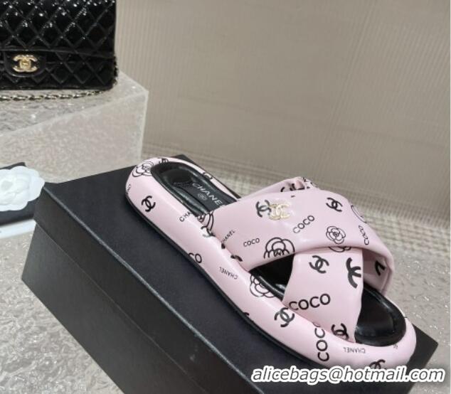 Good Quality Chanel Logo Printed Calfskin Slide Sandals with Cross Strap Pink 527046