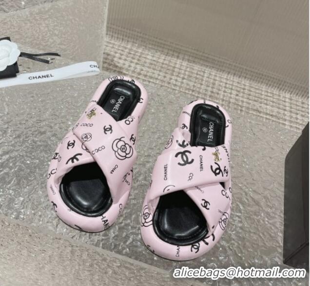 Good Quality Chanel Logo Printed Calfskin Slide Sandals with Cross Strap Pink 527046