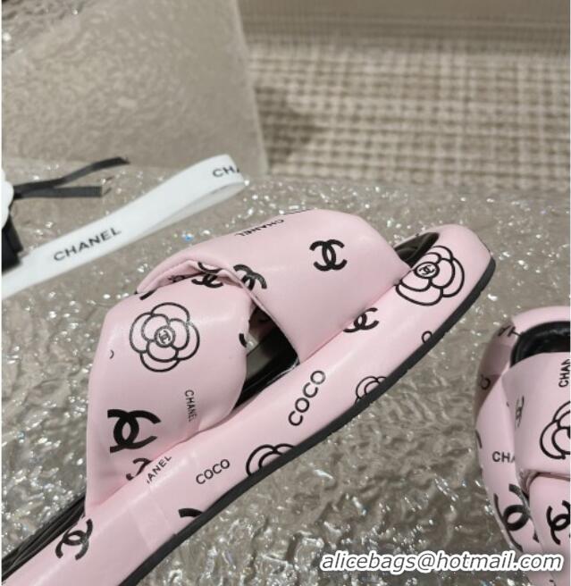 Good Quality Chanel Logo Printed Calfskin Slide Sandals with Cross Strap Pink 527046