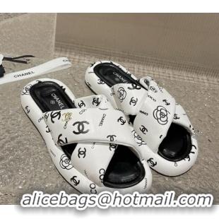 Low Cost Chanel Logo Printed Calfskin Slide Sandals with Cross Strap White 527047