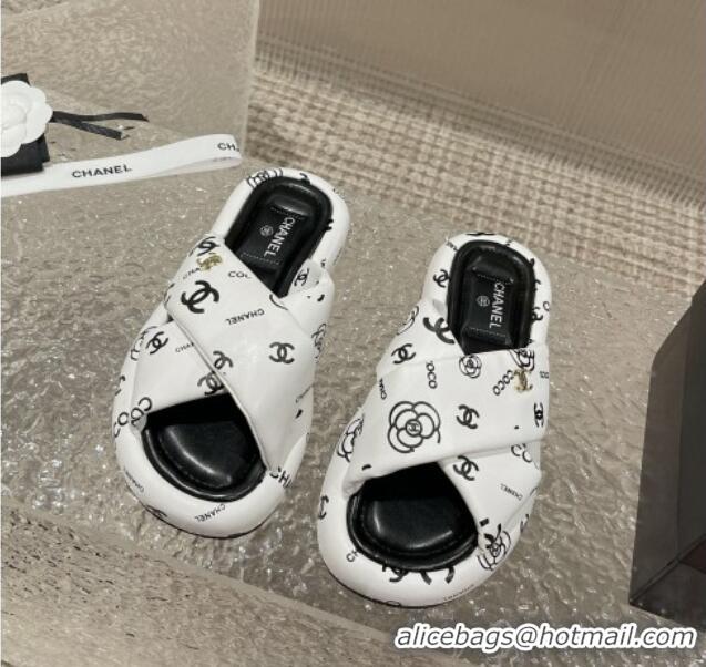 Low Cost Chanel Logo Printed Calfskin Slide Sandals with Cross Strap White 527047