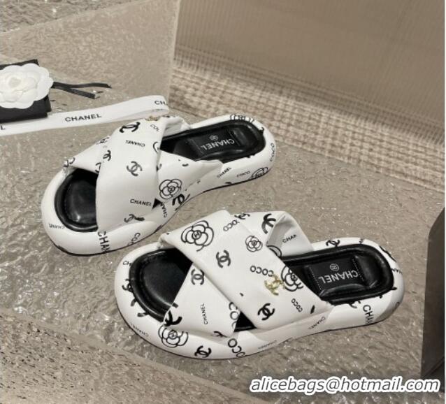 Low Cost Chanel Logo Printed Calfskin Slide Sandals with Cross Strap White 527047