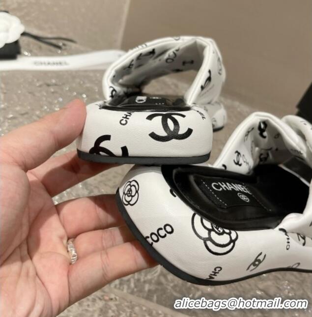 Low Cost Chanel Logo Printed Calfskin Slide Sandals with Cross Strap White 527047