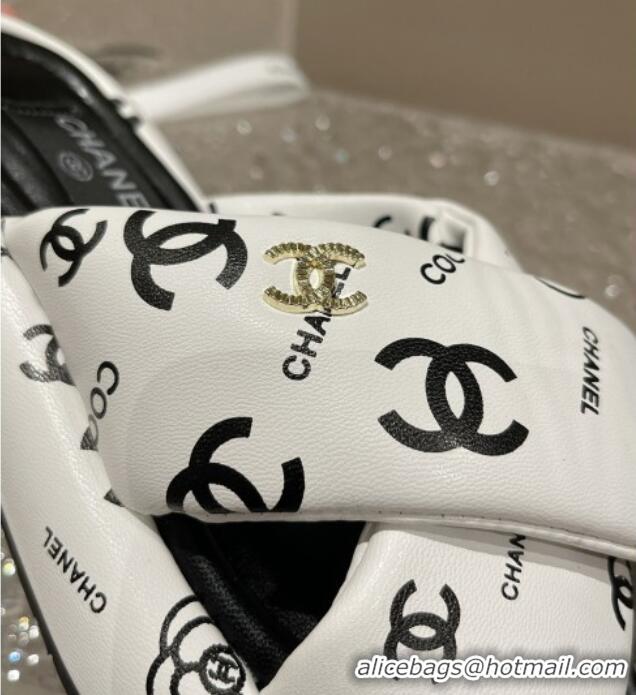 Low Cost Chanel Logo Printed Calfskin Slide Sandals with Cross Strap White 527047