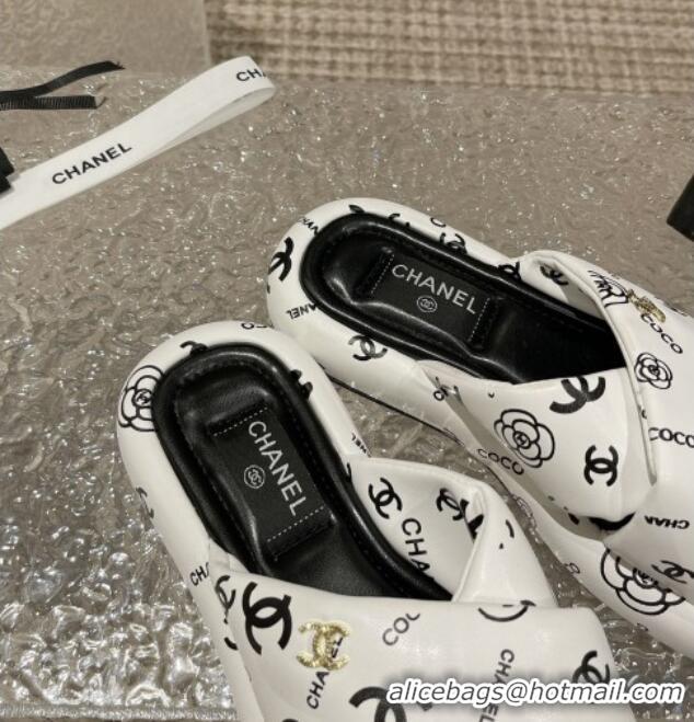 Low Cost Chanel Logo Printed Calfskin Slide Sandals with Cross Strap White 527047