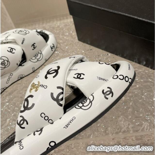 Low Cost Chanel Logo Printed Calfskin Slide Sandals with Cross Strap White 527047