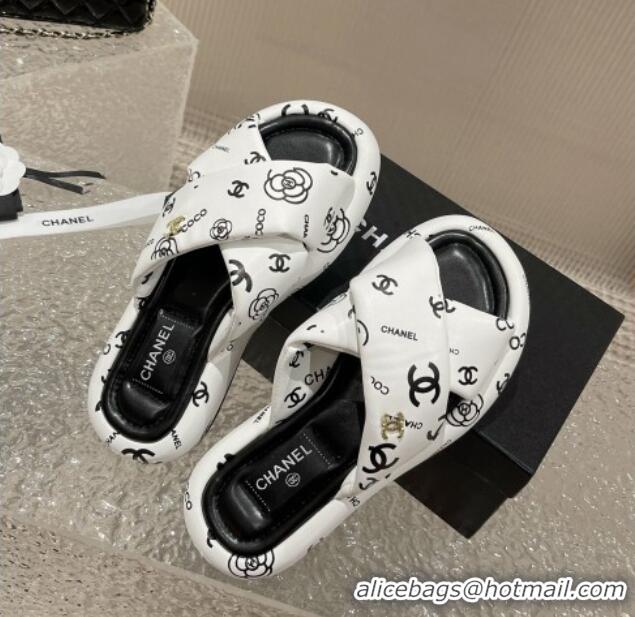 Low Cost Chanel Logo Printed Calfskin Slide Sandals with Cross Strap White 527047