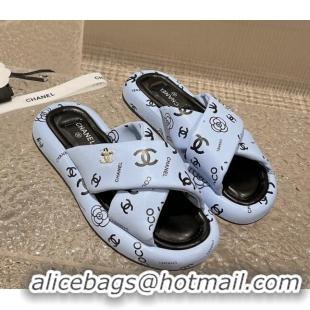 Purchase Chanel Logo Printed Calfskin Slide Sandals with Cross Strap Blue 527048