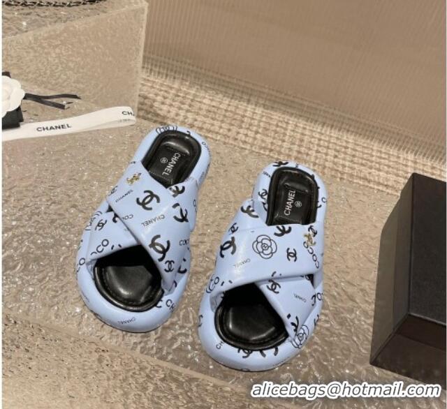 Purchase Chanel Logo Printed Calfskin Slide Sandals with Cross Strap Blue 527048