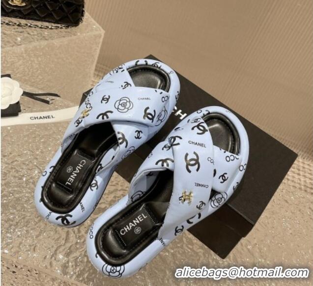 Purchase Chanel Logo Printed Calfskin Slide Sandals with Cross Strap Blue 527048