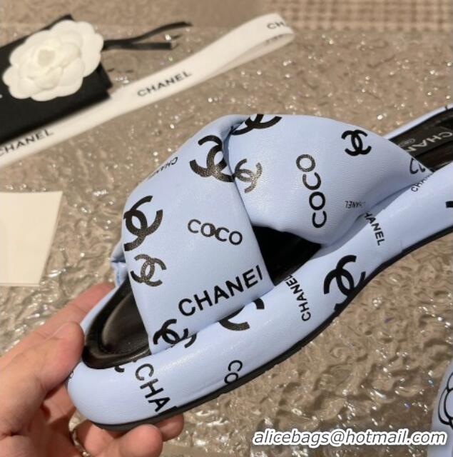 Purchase Chanel Logo Printed Calfskin Slide Sandals with Cross Strap Blue 527048