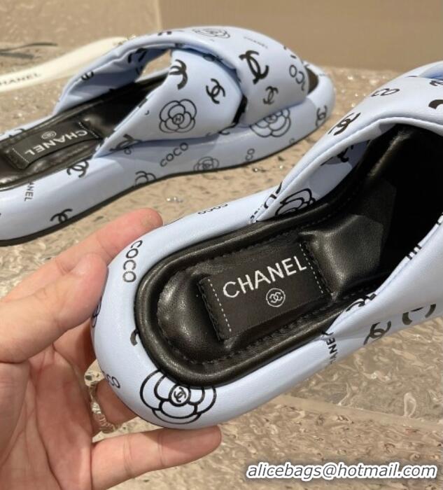 Purchase Chanel Logo Printed Calfskin Slide Sandals with Cross Strap Blue 527048