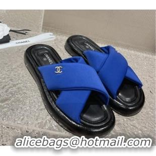 Good Product Chanel Fabric Slide Sandals with Cross Strap Blue 527049