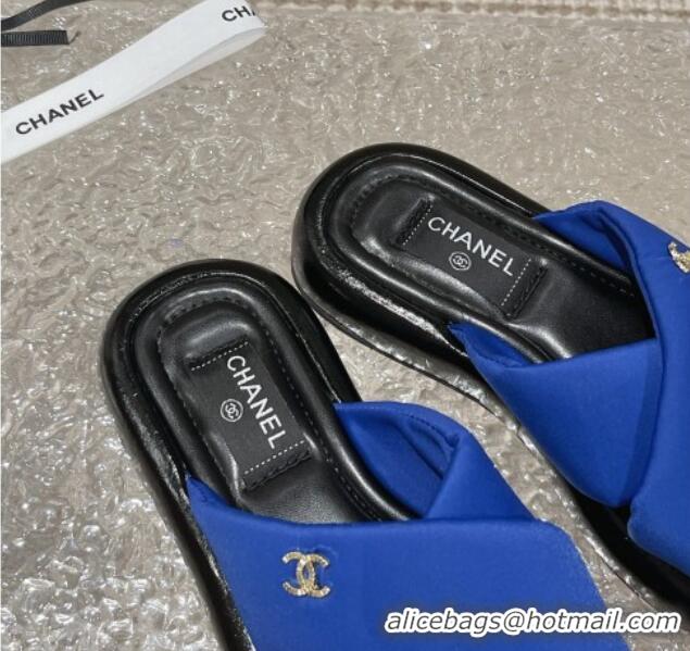 Good Product Chanel Fabric Slide Sandals with Cross Strap Blue 527049