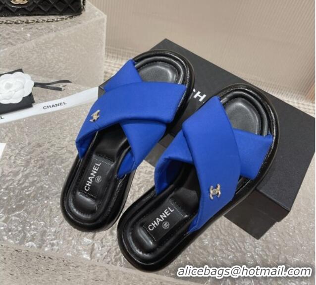 Good Product Chanel Fabric Slide Sandals with Cross Strap Blue 527049