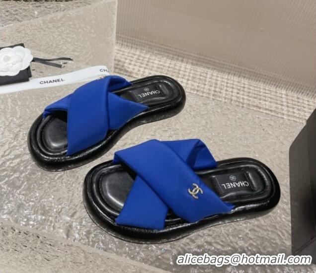 Good Product Chanel Fabric Slide Sandals with Cross Strap Blue 527049