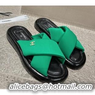 Unique Style Chanel Fabric Slide Sandals with Cross Strap Green 527050 