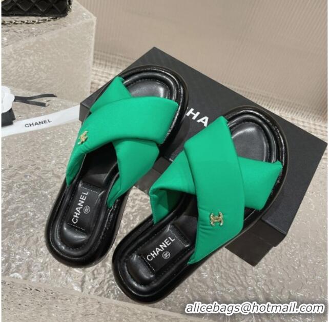 Unique Style Chanel Fabric Slide Sandals with Cross Strap Green 527050 