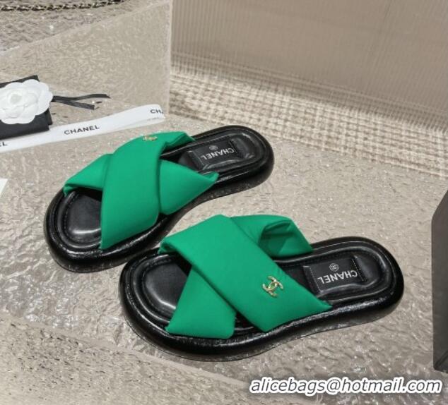 Unique Style Chanel Fabric Slide Sandals with Cross Strap Green 527050 