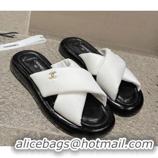 Classic Hot Chanel Fabric Slide Sandals with Cross Strap White 527051