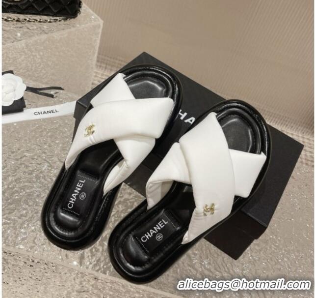 Classic Hot Chanel Fabric Slide Sandals with Cross Strap White 527051