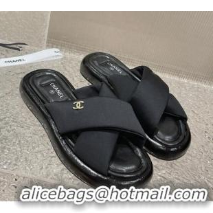 Best Price Chanel Fabric Slide Sandals with Cross Strap Black 527052